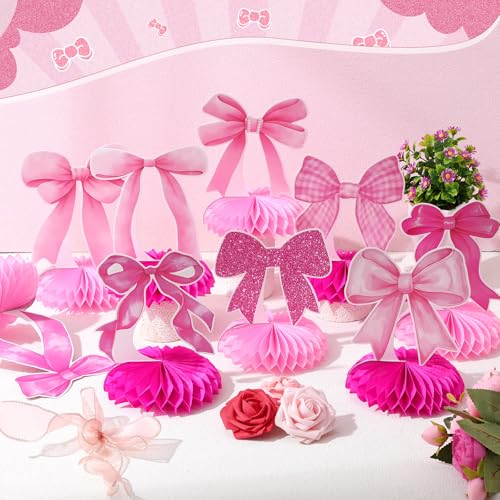 Weekgrat 9 Pcs Pink Bow Honeycomb Centerpieces Coquette Party Decorations 3D Hot Pink Bow Table Topper for Wedding Bachelorette Bridal Shower Women Birthday Party Supplies - Image 5