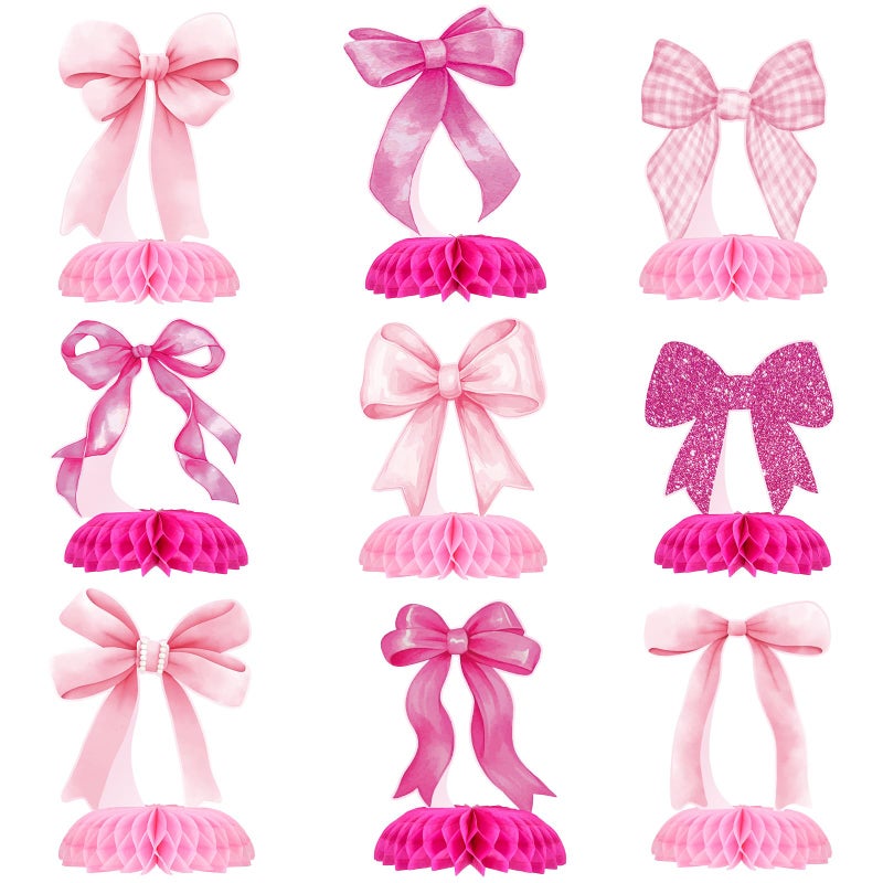 Weekgrat 9 Pcs Pink Bow Honeycomb Centerpieces Coquette Party Decorations 3D Hot Pink Bow Table Topper for Wedding Bachelorette Bridal Shower Women Birthday Party Supplies - Image 3