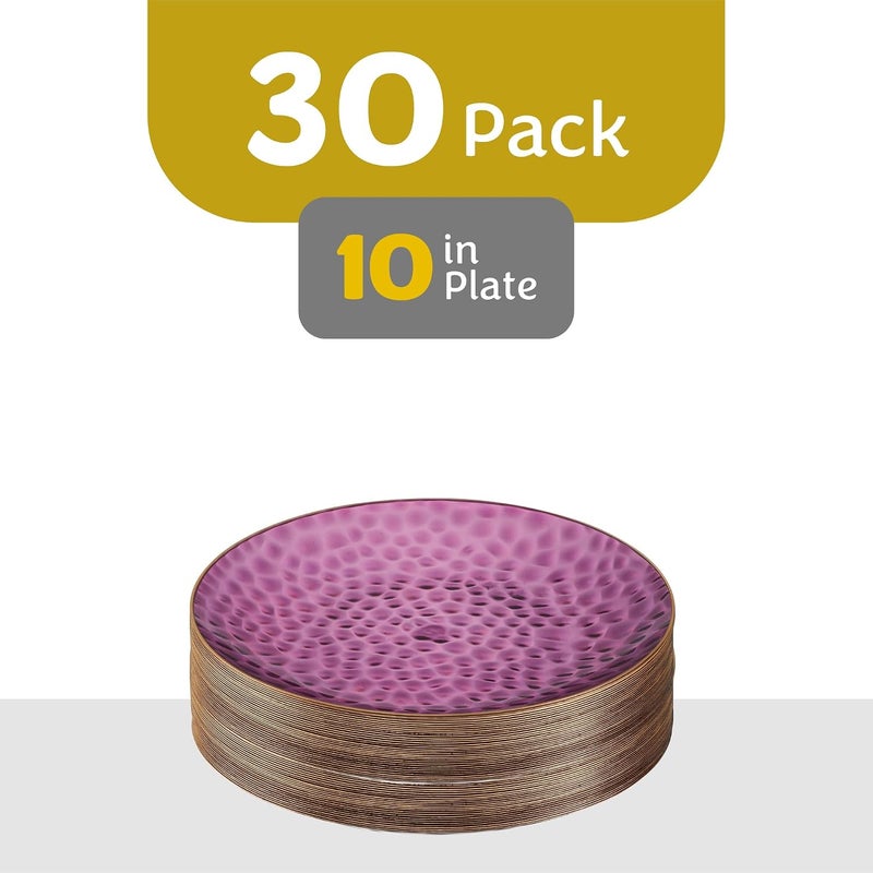 PLASTICPRO 30 Pack Hammered Plastic Plates Heavyweight Disposable Elegant Translucent Purple Hammered Platsic Party Dishes with Gold Rim (Hamered Purple With Gold Rim, 10'' INCH PLATES) - Image 4