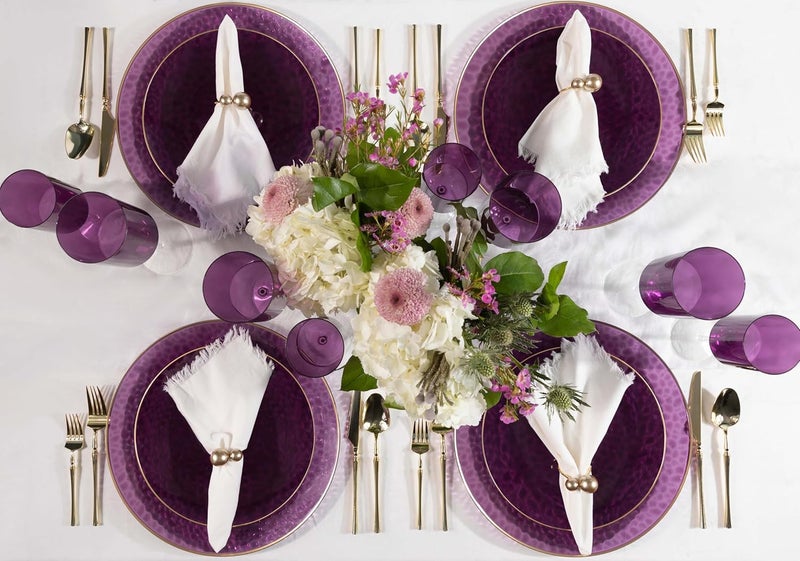 PLASTICPRO 30 Pack Hammered Plastic Plates Heavyweight Disposable Elegant Translucent Purple Hammered Platsic Party Dishes with Gold Rim (Hamered Purple With Gold Rim, 10'' INCH PLATES) - Image 2