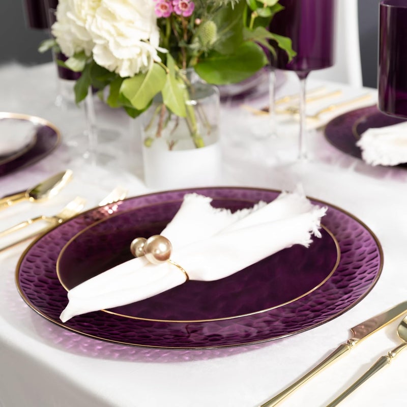 PLASTICPRO 30 Pack Hammered Plastic Plates Heavyweight Disposable Elegant Translucent Purple Hammered Platsic Party Dishes with Gold Rim (Hamered Purple With Gold Rim, 10'' INCH PLATES) - Image 5