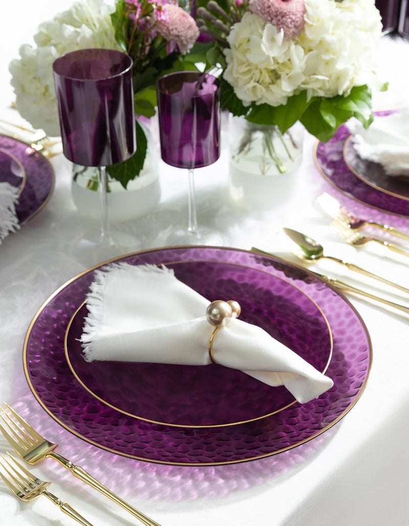 PLASTICPRO 30 Pack Hammered Plastic Plates Heavyweight Disposable Elegant Translucent Purple Hammered Platsic Party Dishes with Gold Rim (Hamered Purple With Gold Rim, 10'' INCH PLATES) - Image 3