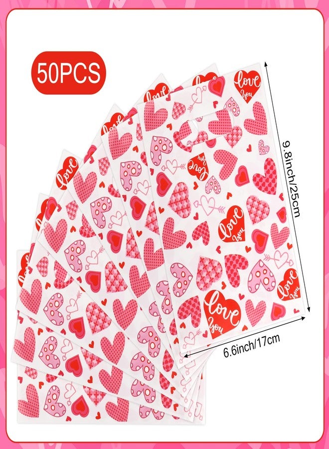Hxezoc 50 Pieces Valentines Day Gift Bags with Handle, Plastic Treat Candy Bag Heart Goodie Treat Bags for Valentine's Day Anniversary, Baby Showers Birthday Party Supplies - Image 2