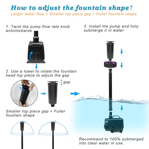 DOMICA 45W 792 GPH LED Pond Pump with Fountain Kit (3000L/H), Submersible Garden Water Fountain Pump, for Waterfall, Hydroponics, Aquariums, Fish Tanks, Indoor Outdoor - Image 5