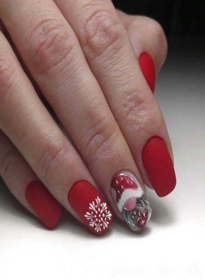 Christmas Press on Nails Short Oval French Tip Fake Nails Red False Nails with Matte Designs Cute Gnome Santa Full Cover Winter Glue on Nails Xmas Acrylic Nails for Women Girls 24 Pcs - Image 1