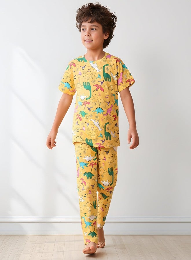 ANTHRILO Raining Dinosaur Short Sleeve Pyjama Set - Yellow | 6-12 Months - Image 2