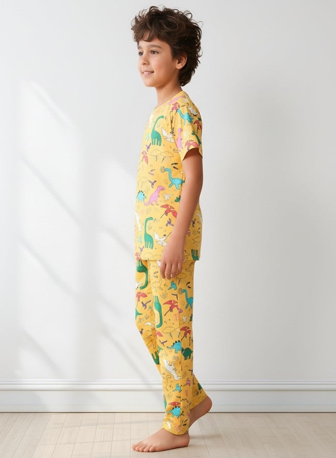 ANTHRILO Raining Dinosaur Short Sleeve Pyjama Set - Yellow | 6-12 Months - Image 3