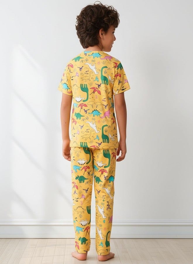 ANTHRILO Raining Dinosaur Short Sleeve Pyjama Set - Yellow | 6-12 Months - Image 4