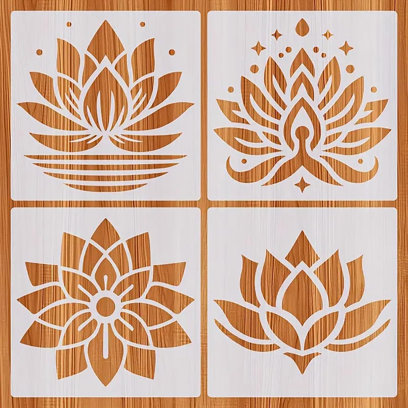 CLITHS Cliths Set of 4 Lotus Stencils - 7.9x7.9 Inch Reusable Spiritual Art Templates for Fabric, Wood, Wall Decor & Glass Painting DIY Craft Stencils for Yoga Studios & Home Decor - Image 1