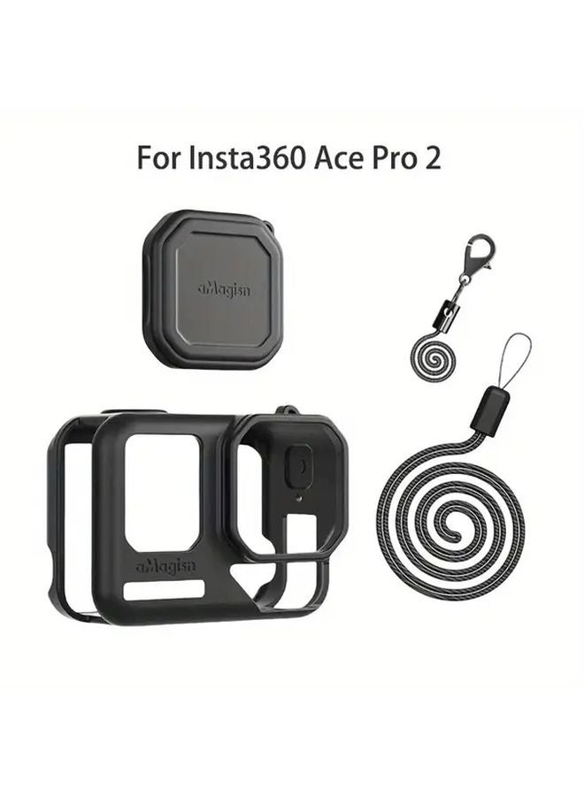Black Silicone Sleeve with Lens Cap and Lanyard for Insta360 Ace Pro 2 Protection Cover Case - Image 1
