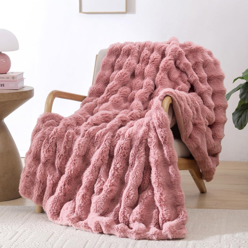 Smoofy Faux Fur Throw Blanket for Couch â€“ Old Pink Fluffy Cozy Rabbit Fleece, Plush Soft Bubble Blanket for Sofa & Bed, for Mom, Warm Fuzzy Home Room Decor Throw 50" x 60" - Image 1