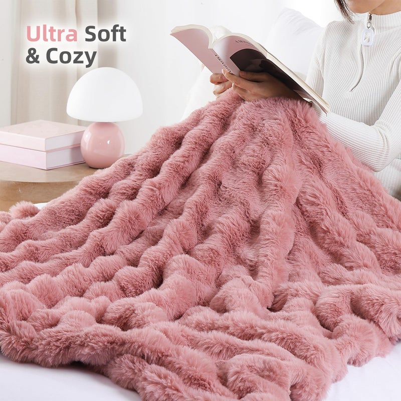 Smoofy Faux Fur Throw Blanket for Couch â€“ Old Pink Fluffy Cozy Rabbit Fleece, Plush Soft Bubble Blanket for Sofa & Bed, for Mom, Warm Fuzzy Home Room Decor Throw 50" x 60" - Image 4