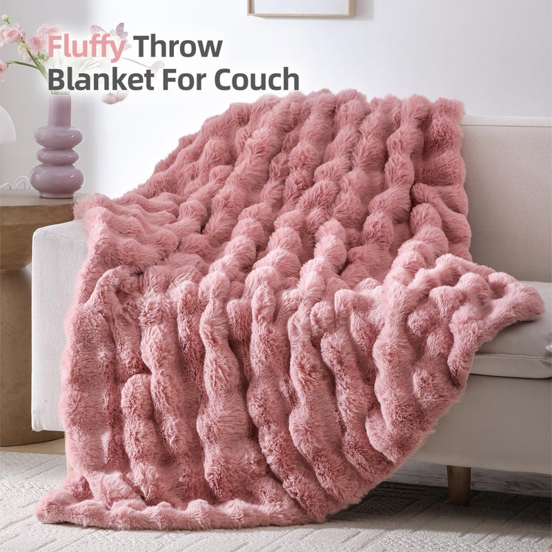 Smoofy Faux Fur Throw Blanket for Couch â€“ Old Pink Fluffy Cozy Rabbit Fleece, Plush Soft Bubble Blanket for Sofa & Bed, for Mom, Warm Fuzzy Home Room Decor Throw 50" x 60" - Image 3