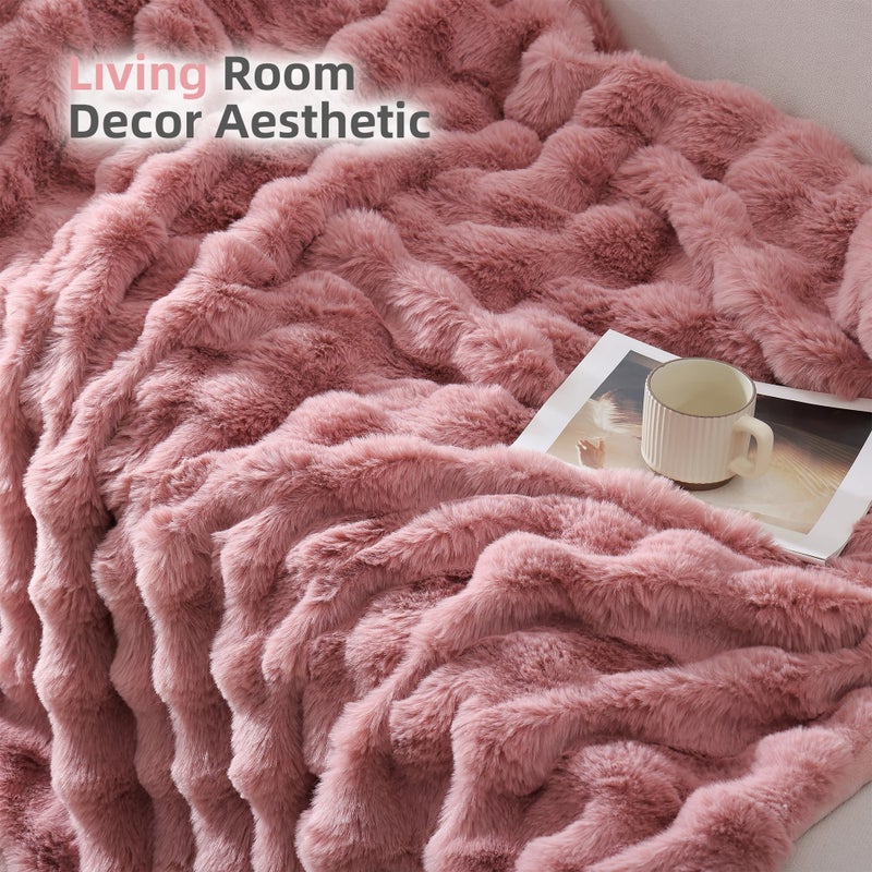 Smoofy Faux Fur Throw Blanket for Couch â€“ Old Pink Fluffy Cozy Rabbit Fleece, Plush Soft Bubble Blanket for Sofa & Bed, for Mom, Warm Fuzzy Home Room Decor Throw 50" x 60" - Image 5