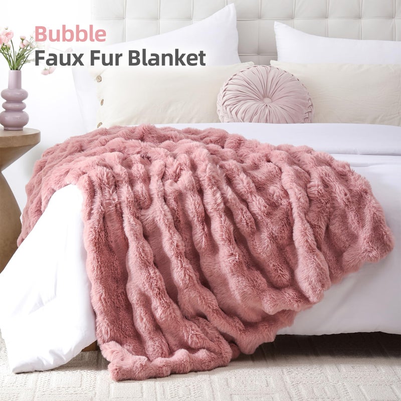 Smoofy Faux Fur Throw Blanket for Couch â€“ Old Pink Fluffy Cozy Rabbit Fleece, Plush Soft Bubble Blanket for Sofa & Bed, for Mom, Warm Fuzzy Home Room Decor Throw 50" x 60" - Image 2