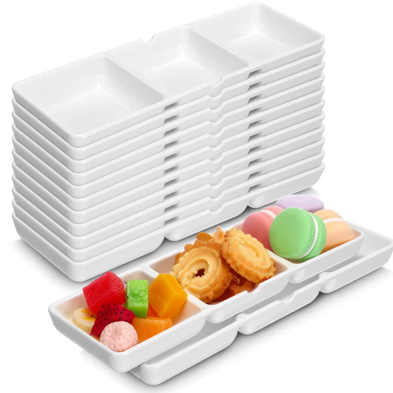 Eaasty 24 Pcs 24 Pcs 87 x 28 Inch 3 Compartment Appetizer Serving Tray Plastic 3 Section Dessert Platters Rectangular Divided Plate White Compartment Serving Dishes Dipping Sauces Dinner Kitchen