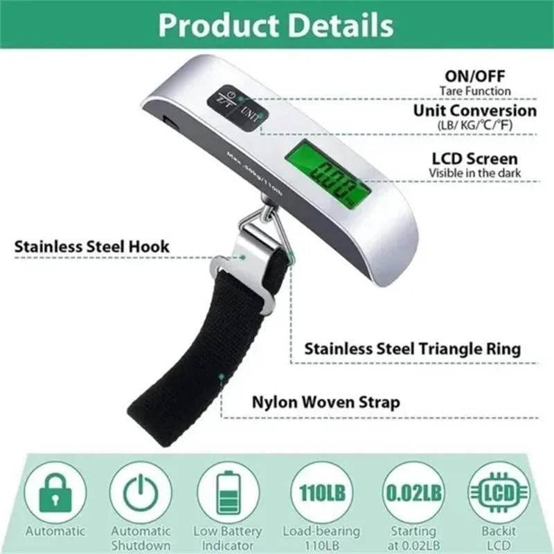 Portable Digital Luggage Scale - 50kg Capacity | Backlit LCD Display | Temperature Display | Travel Weighing Scale for Suitcases and Bags - Image 3