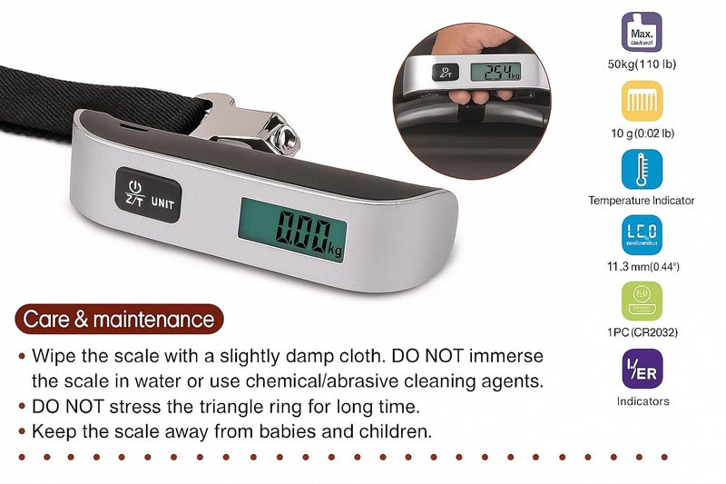 Portable Digital Luggage Scale - 50kg Capacity | Backlit LCD Display | Temperature Display | Travel Weighing Scale for Suitcases and Bags - Image 2
