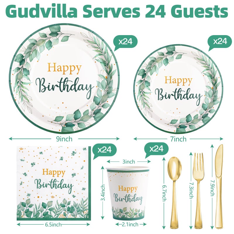 Gudvilla Sage Green Birthday Decorations  Sage Green Birthday Plates and Napkins for Women 168Pcs  for Boho Neutral Green and Gold Decorations  Serve 24 - Image 2