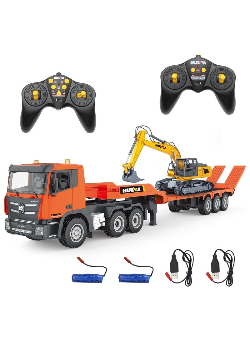 WALALLA RC Semi Truck  Excavator Toy Set, 2.4Ghz Remote Control Flatbed Truck with Excavator Toys, 1:24 RC Semi-Trailer Engineering Tractor with Sound and Lights, Construction Vehicles Toy for Boys - Image 1