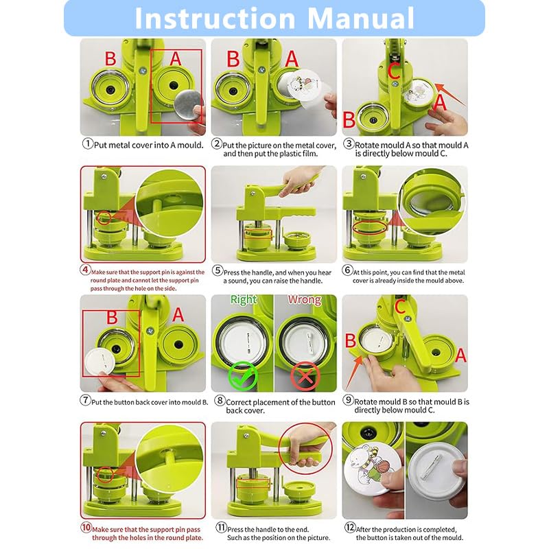 DCBADGE Button Maker Machine, Pin Maker Machine Kit (3rd Gen) Installation-Free DIY, Badge Maker Button Press Machine with Free Button Parts&Circle Cutter&Wrench Gadget (Green, 58mmï¼ˆ2.25inï¼‰) - Image 5