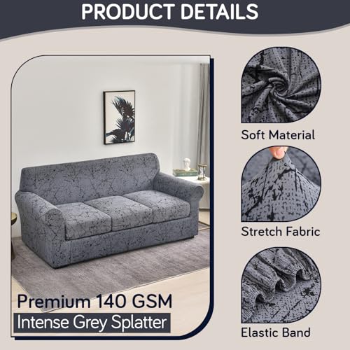 HOKIPO Sofa Cover with Seat Cushion Cover for 3 Seater Sofa | 140gsm Fully Covered Sofa Cover, Intense Grey Splatter (AR-5952-D5) - Image 3