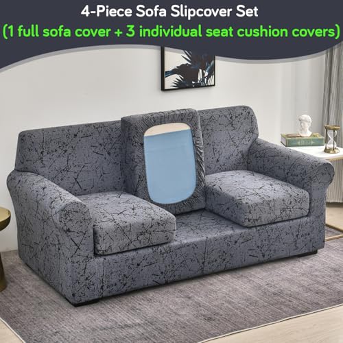 HOKIPO Sofa Cover with Seat Cushion Cover for 3 Seater Sofa | 140gsm Fully Covered Sofa Cover, Intense Grey Splatter (AR-5952-D5) - Image 2
