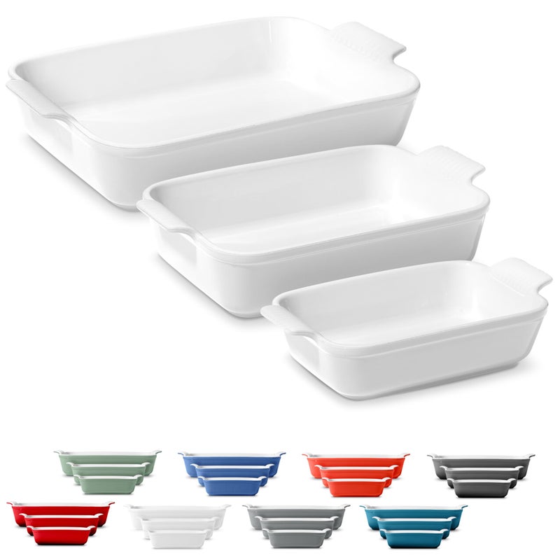 ROSSALLINI Stoneware Casserole Dish Bakeware Set of 3 | Rectangular Dinnerware Set with Handles [Glossy White] - Image 1