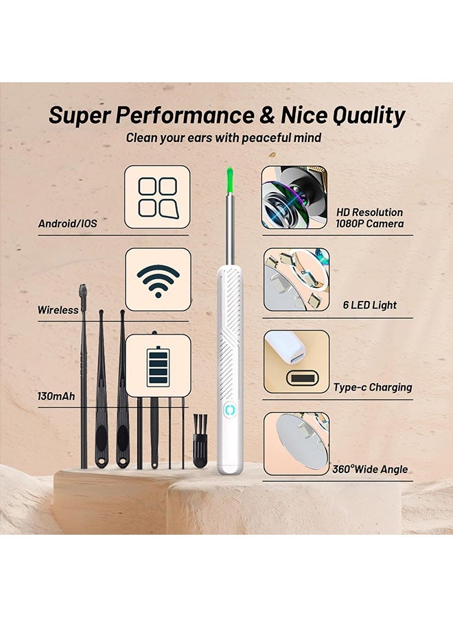 عربست إزالة شمع الأذن ، مجموعة تنظيف الأذن الواي فاي المرئية مع 12 جهاز اختيار الأذن وحالة تخزين ، أداة إزالة شمع الأذن مع كاميرا 1080 HD و 8 ملعقات الأذن (أبيض) - Image 5