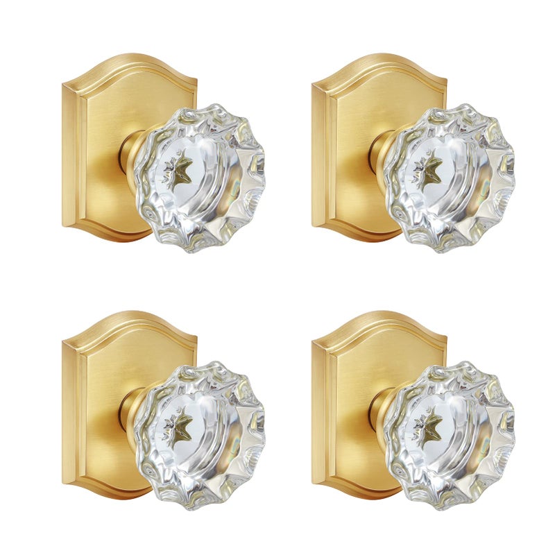 CLCTK 4 Pack Crystal Glass Dummy Door Knob Single Side Dummy Door Knob Set for Interior Doors Satin Brass