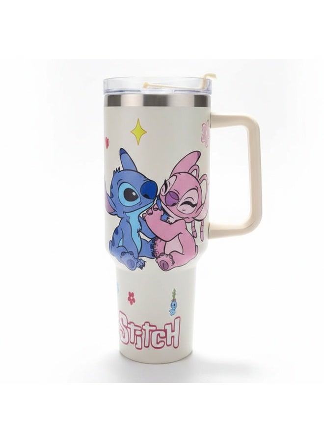 ستيتش كوب حراري سعة 1200 مل بمقبض - كوب من الفولاذ المقاوم للصدأ معزول بجدار مزدوج بتقنية التفريغ الهوائي وغطاء، بتصميم مطبوع عليه شخصية ستيتش الكرتونية، كوب هدية لطيف وعملي للأطفال والفتيات والمراهقين والاستخدام اليومي - Image 1