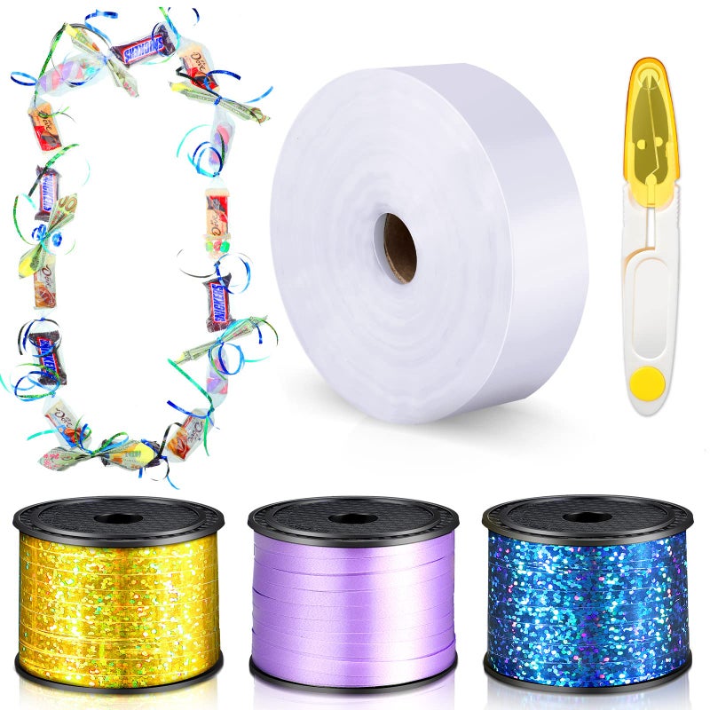 Berlune Candy Lei Making Kit for Graduation Party Favor Include 2 in x 1000 ft Poly Tubing 3 Rolls Curling Gift Ribbon 300 Yd 900 ft and Scissor for Hawaii Tropical Wedding DIYPurple Blue Yellow