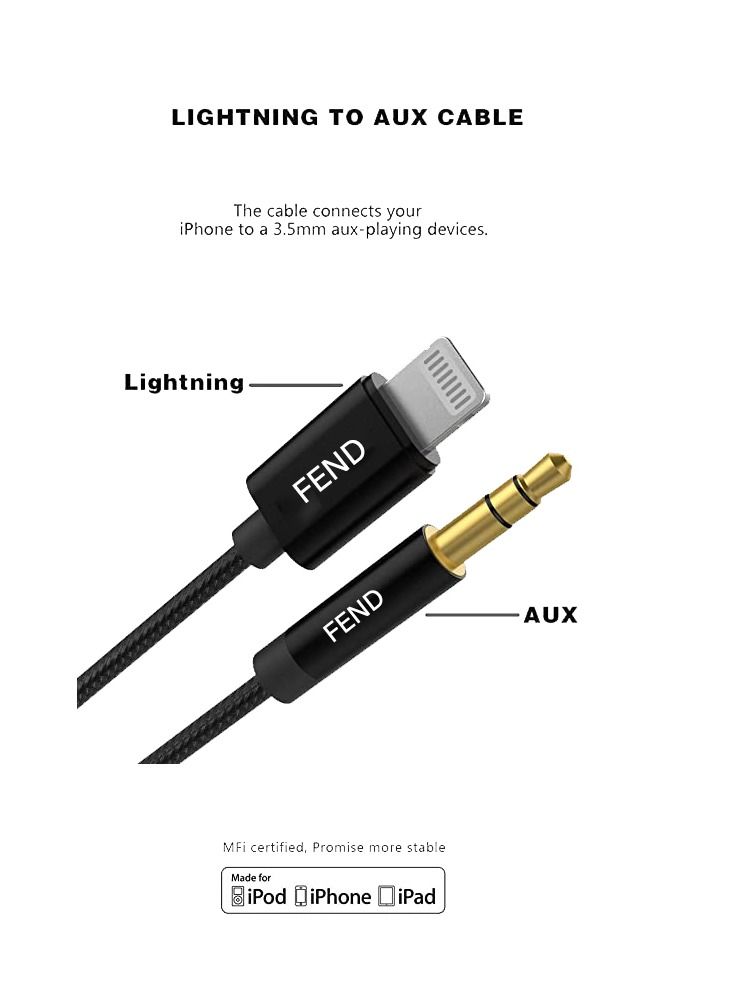 FEND Lightning to 3.5mm Aux Audio Cable Aux Cord for iPhone iPad to Car Home Stereo Speaker with 3.5mm Headphone Jack Adapter Support fabric Strong cable Black  - Image 3