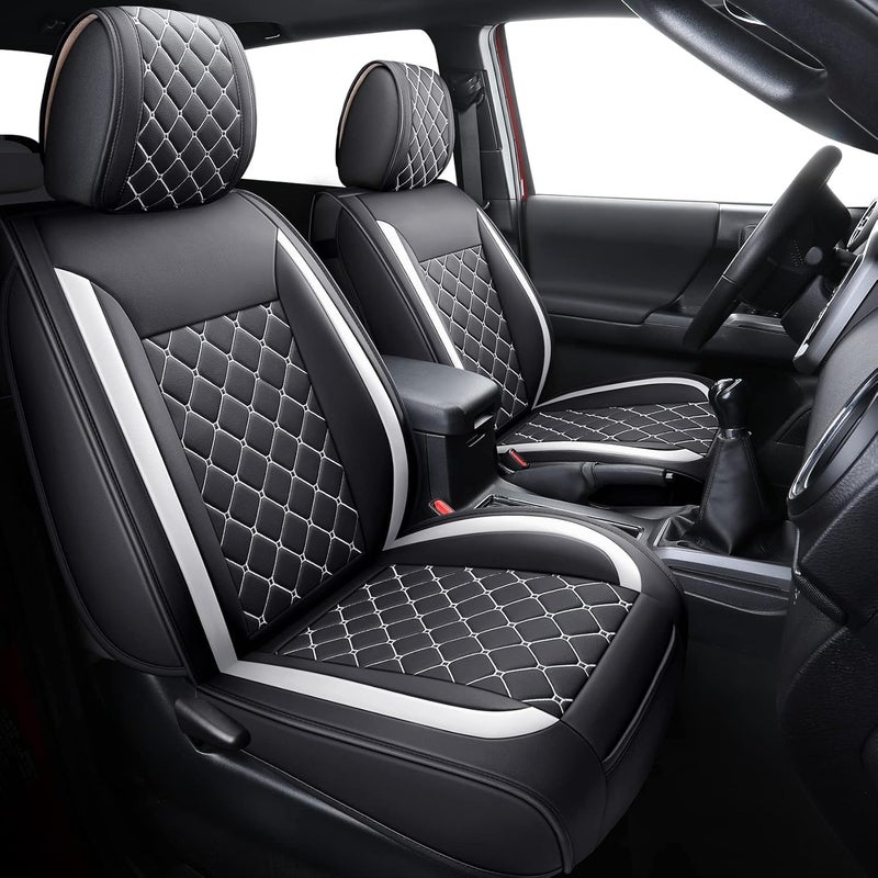 Tomatoman Tacoma Seat Covers Full Set for 2005-2025 Sport Extended SR V6, Waterproof Faux Leather, Black-White - Image 1