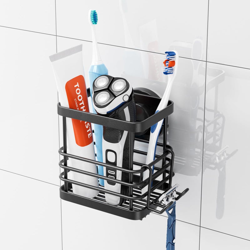 TAILI Patented Suction Cup Toothbrush Holder Stainless Steel Antipuddling Shower Toothbrush Holder No Drilling Removable Organizer for Bathroom Toothpaste Razor Kitchen and Office Items Black