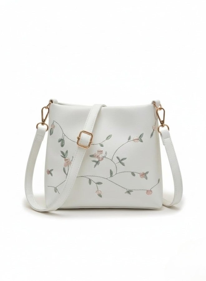 LIKE STYLE Women’s Floral Embroidered PU Sling Bag | Stylish Crossbody Shoulder Bag for Daily Use (White) - Image 1