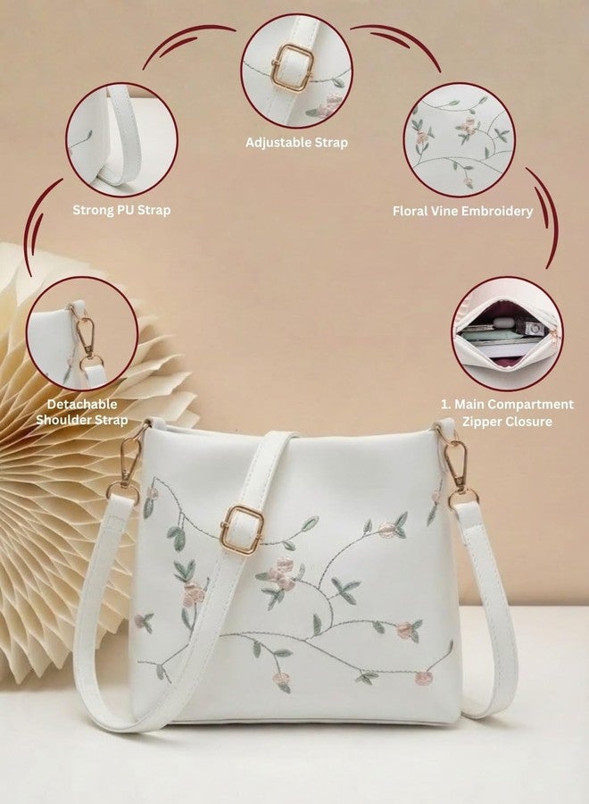 LIKE STYLE Women’s Floral Embroidered PU Sling Bag | Stylish Crossbody Shoulder Bag for Daily Use (White) - Image 5