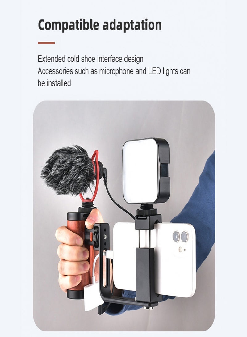 Universal Smartphone Video Grip Handle Handheld Vlog Bracket for Phone Smartphone Video Rig Kit with Wooden Grip with Cold Shoe Mount  1/4in Screw + Phone Holder with Cold Shoe Mount + L-shape Plate - Image 2