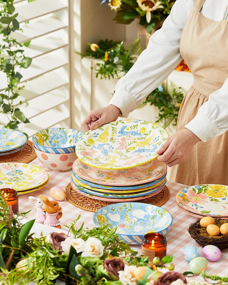 Metahom Easter Dinner Plates, 10" Ceramic Bunny Plate Set for Pasta, Steak, Salads, Dishwasher and Microwave Safe, Spring Watercolor Style, Set of 6 - Image 5