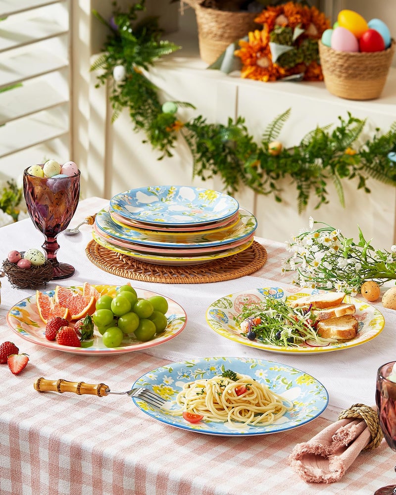 Metahom Easter Dinner Plates, 10" Ceramic Bunny Plate Set for Pasta, Steak, Salads, Dishwasher and Microwave Safe, Spring Watercolor Style, Set of 6 - Image 3