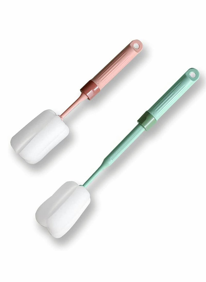 KASTWAVE 2Pack Bottle Brush Dishwashing Foam Sponge Brush Adjustable Length from 10 to 13in Long Handle Cleaning Brushes for Baby Bottle Kitchen Clean Glasses Mugs Cups (Pink and Green）  - Image 1