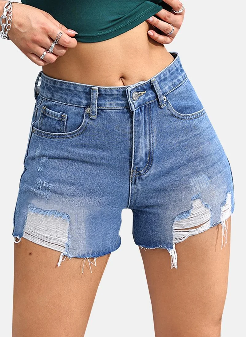 YUNIQEE Blue Slim Fit Solid Denim Shorts