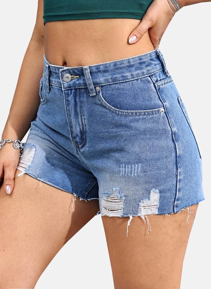 YUNIQEE Blue Slim Fit Solid Denim Shorts