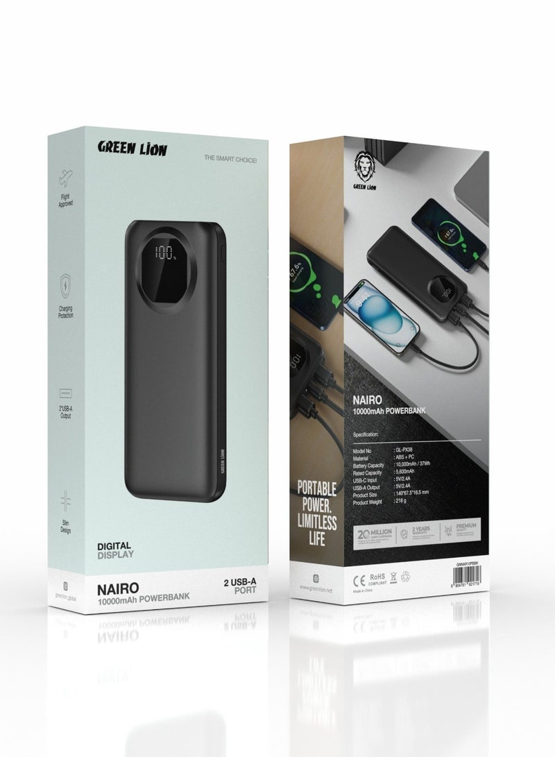 GREEN LION Nairo Slim Power Bank 10000mAh with 2 USB-A Port and USB-C Input and Digital Display /   / Fast Charger Powerbank 10000 mAh / Charging Protection - Black - Image 3