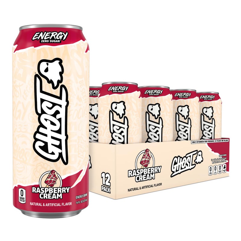 Ghost مشروب الطاقة GHOST - عبوة 12، كريمة التوت، علب 16 أونصة - طاقة وتركيز وبدون ألوان صناعية - 200 ملغ من الكافيين الطبيعي، L-كارنيتين وتاورين - خالي من الغلوتين ونباتي - Image 1