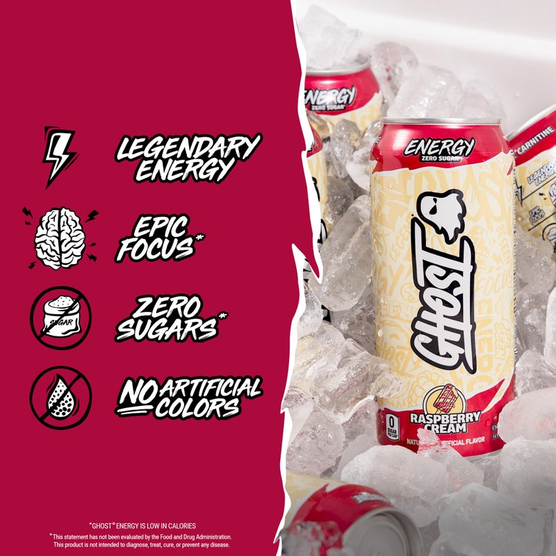 Ghost مشروب الطاقة GHOST - عبوة 12، كريمة التوت، علب 16 أونصة - طاقة وتركيز وبدون ألوان صناعية - 200 ملغ من الكافيين الطبيعي، L-كارنيتين وتاورين - خالي من الغلوتين ونباتي - Image 4