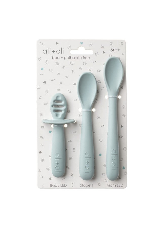 Ali+Oli (3Pc) Silicone Spoon Set For Baby (Blue) Unbreakable Silicone Baby Spoon, Baby Spoons Self Feeding 6 Months & Up, Self Feeding Baby Utensils, Multi-Stage Baby Feeding Spoon, Ergonomic Design - Image 1