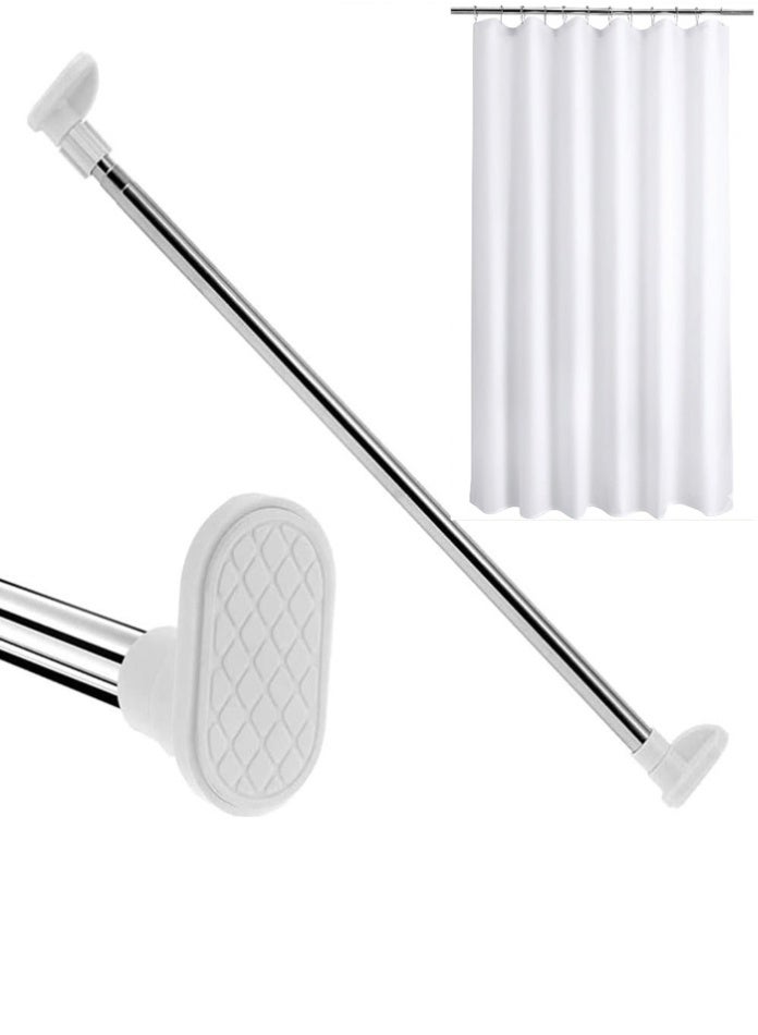 Shower Curtain Rod and White Fabric Shower Curtain Combo – Adjustable 110–200 cm Stainless Steel Tension Rod, Waterproof & Mold-Resistant 180x200 cm Cloth Curtain, Machine Washable, Heavy Duty Bathroom Set with Hooks