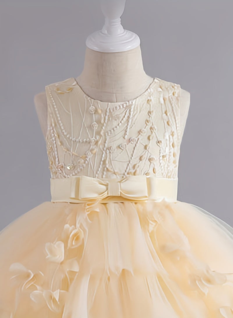 AROAQ Beads And Appliques Design Girls Formal Dress With Trailing, Fluffy Princess Dress Perfect For Banquets Performances (Off White) - Image 4