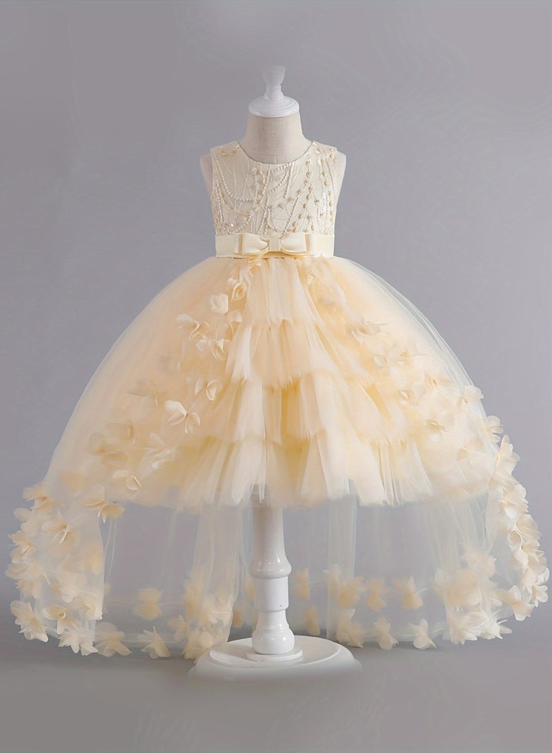 AROAQ Beads And Appliques Design Girls Formal Dress With Trailing, Fluffy Princess Dress Perfect For Banquets Performances (Off White) - Image 1